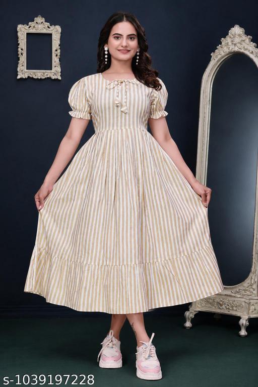 Cotton Blend Striped Fit & Flare Midi/Maxi/Calf-Length Dress for Women | Short Puff Sleeve One-Piece Western Dress - MC-FASHIONS.COM