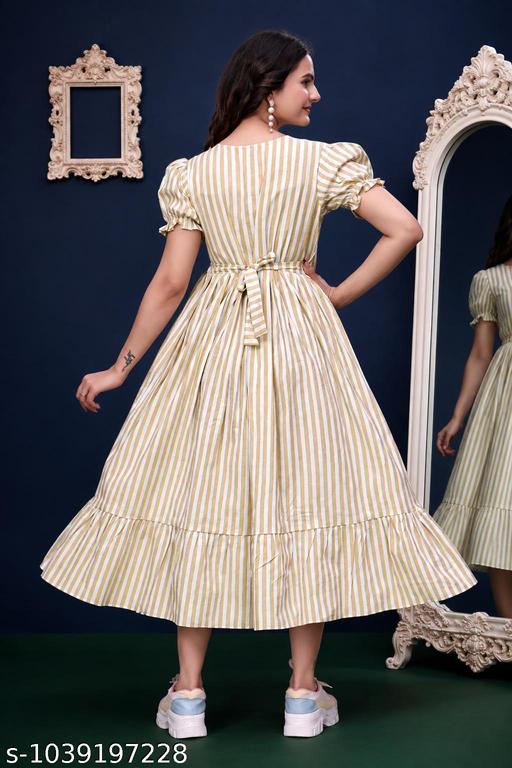 Cotton Blend Striped Fit & Flare Midi/Maxi/Calf-Length Dress for Women | Short Puff Sleeve One-Piece Western Dress - MC-FASHIONS.COM