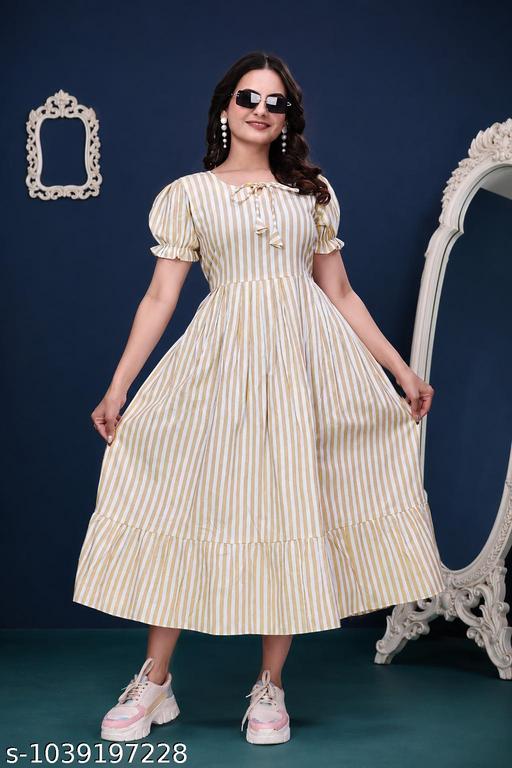 Cotton Blend Striped Fit & Flare Midi/Maxi/Calf-Length Dress for Women | Short Puff Sleeve One-Piece Western Dress - MC-FASHIONS.COM