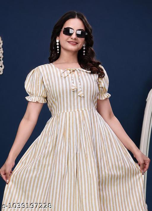 Cotton Blend Striped Fit & Flare Midi/Maxi/Calf-Length Dress for Women | Short Puff Sleeve One-Piece Western Dress - MC-FASHIONS.COM