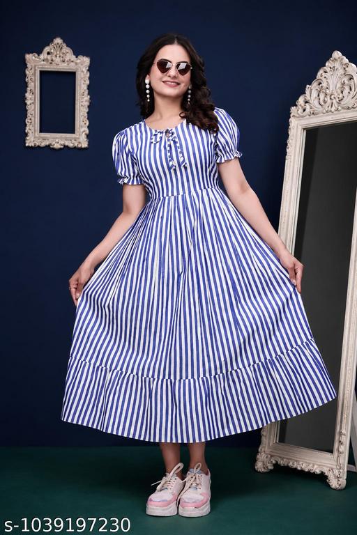 Cotton Blend Striped Fit & Flare Midi/Maxi/Calf-Length Dress. for Women | Short Puff Sleeve One-Piece Western Dress - MC-FASHIONS.COM