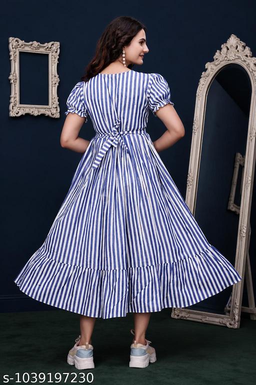 Cotton Blend Striped Fit & Flare Midi/Maxi/Calf-Length Dress. for Women | Short Puff Sleeve One-Piece Western Dress - MC-FASHIONS.COM