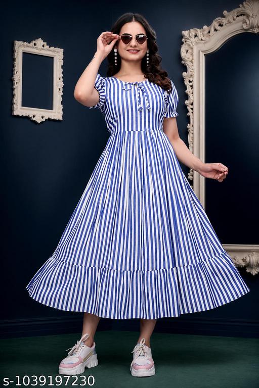 Cotton Blend Striped Fit & Flare Midi/Maxi/Calf-Length Dress. for Women | Short Puff Sleeve One-Piece Western Dress - MC-FASHIONS.COM