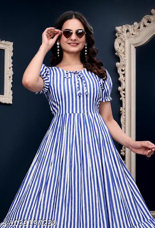 Cotton Blend Striped Fit & Flare Midi/Maxi/Calf-Length Dress. for Women | Short Puff Sleeve One-Piece Western Dress - MC-FASHIONS.COM