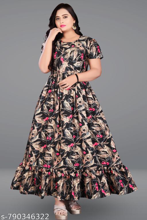 Classy Anarkali Women Maxi Dresses - Breathable Poly Crepe Printed Gown with Ruffles - MC-FASHIONS.COM