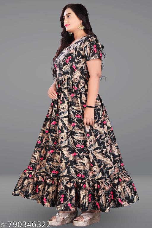 Classy Anarkali Women Maxi Dresses - Breathable Poly Crepe Printed Gown with Ruffles - MC-FASHIONS.COM
