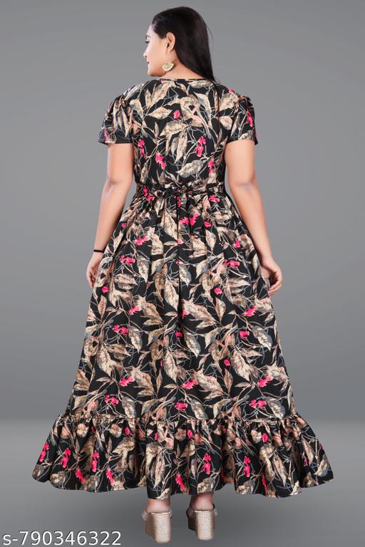 Classy Anarkali Women Maxi Dresses - Breathable Poly Crepe Printed Gown with Ruffles - MC-FASHIONS.COM