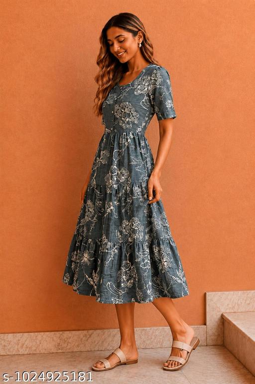 New Design Women Half Sleeves Printed Middy Gown || Women Gown || Women Dress || Women Frock || Frock for girls || Dress for women || Printed Dress - MC-FASHIONS.COM
