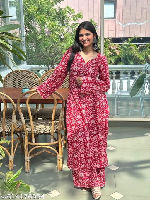 Women's Red Floral Printed Long Kurta Set With Plazzo Women's Cord Set ||  kurta set - MC-FASHIONS.COM