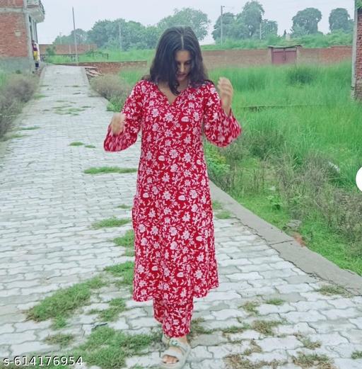 Women's Red Floral Printed Long Kurta Set With Plazzo Women's Cord Set ||  kurta set - MC-FASHIONS.COM