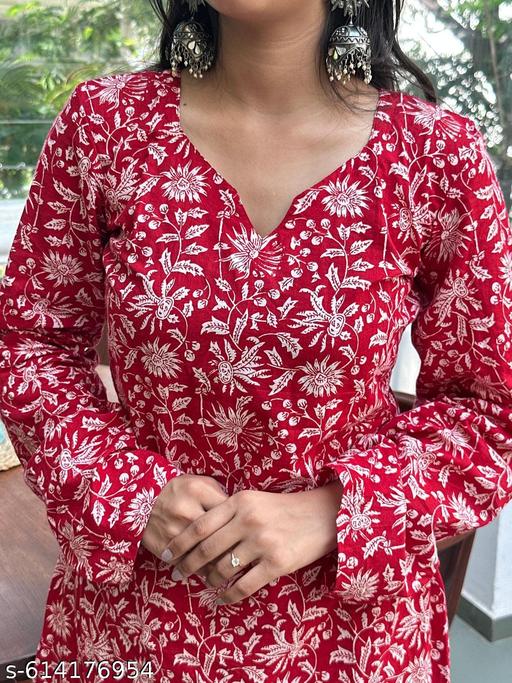 Women's Red Floral Printed Long Kurta Set With Plazzo Women's Cord Set ||  kurta set - MC-FASHIONS.COM