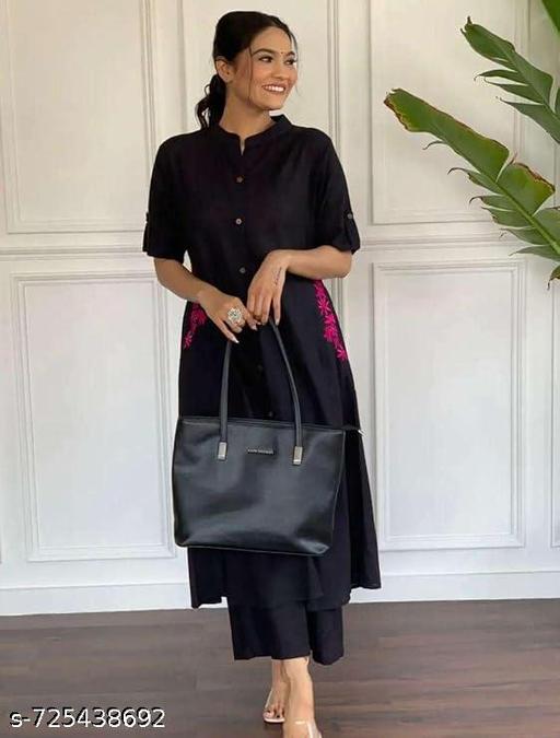 Black Reyon kurti palazzo Embroindery Pockets - MC-FASHIONS.COM