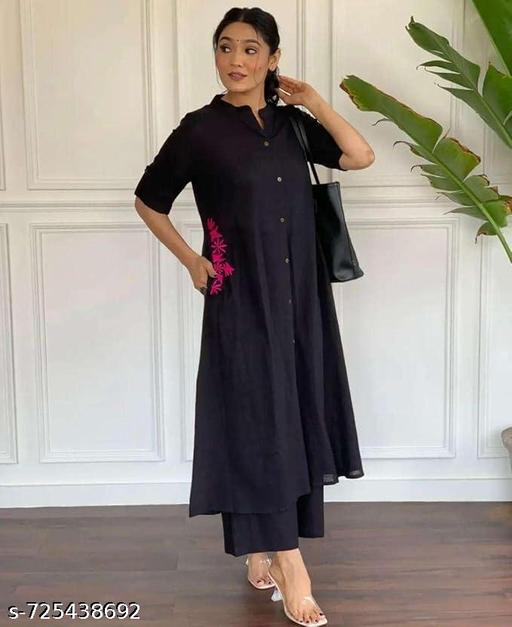 Black Reyon kurti palazzo Embroindery Pockets - MC-FASHIONS.COM