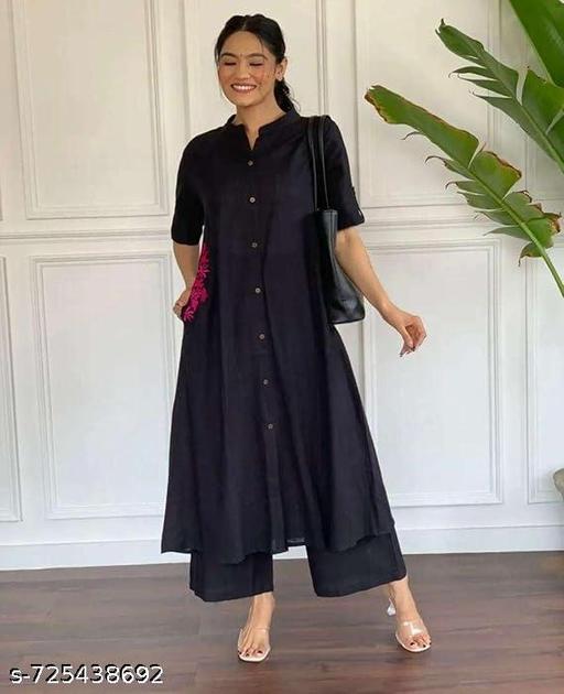 Black Reyon kurti palazzo Embroindery Pockets - MC-FASHIONS.COM