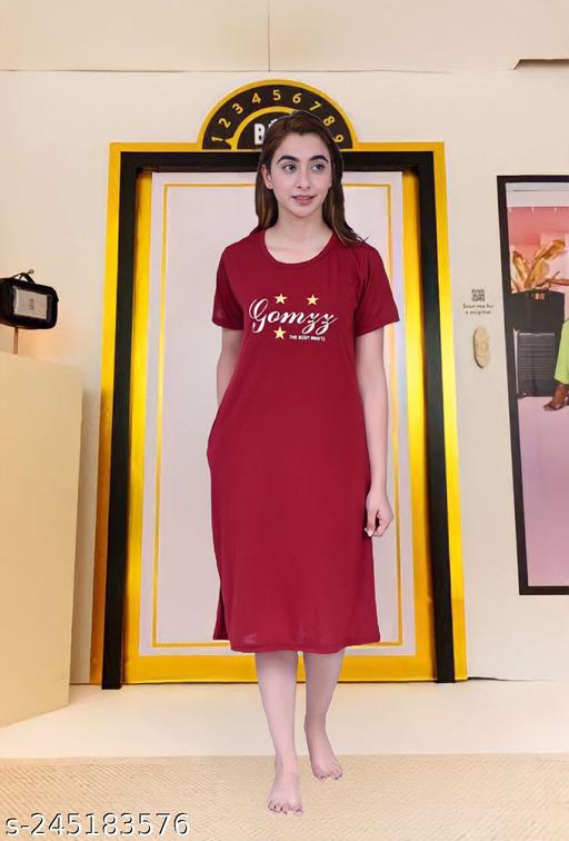 TRUE TRADERS MEESHO Women's and Girl's Printed Long T-Shirt Nighty, Night Dress, Nightwear, Pack of 1 (Maroon) - MC-FASHIONS.COM