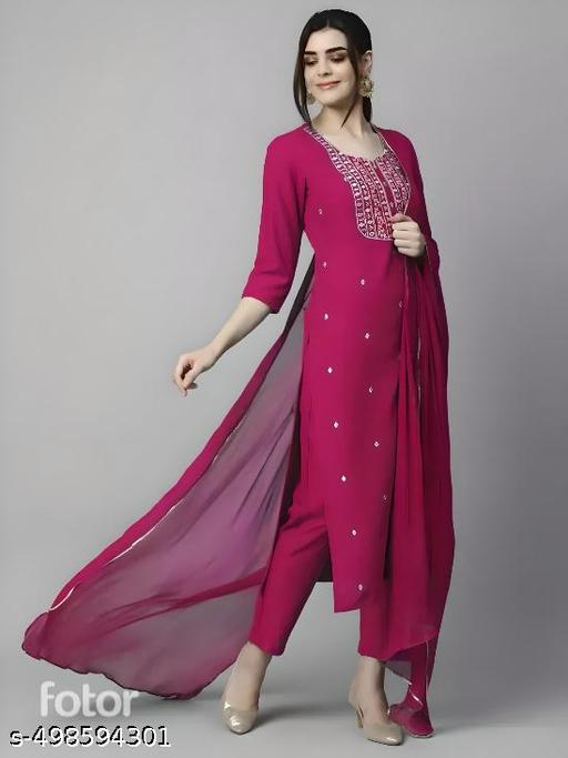 Women's Embroidered Straight Kurta With Trouser & Dupatta - MC-FASHIONS.COM