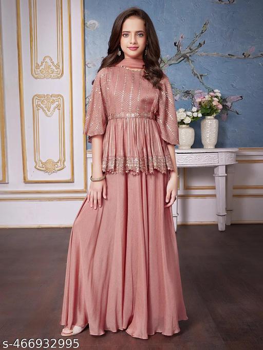 peach Sequins and Thread work Kaftan Styled Palazzo Set For Girls - MC-FASHIONS.COM