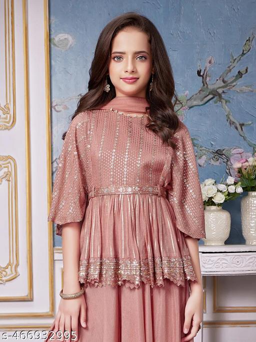 peach Sequins and Thread work Kaftan Styled Palazzo Set For Girls - MC-FASHIONS.COM
