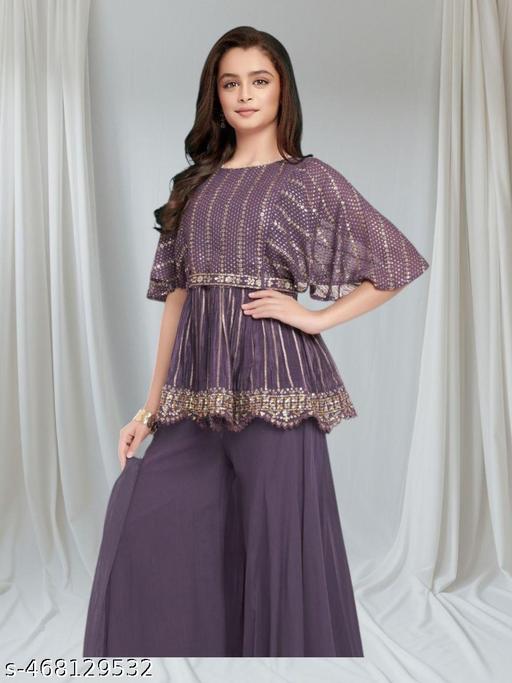 Purple Sequins and Thread work Kaftan Styled Palazzo Set For Girls - MC-FASHIONS.COM