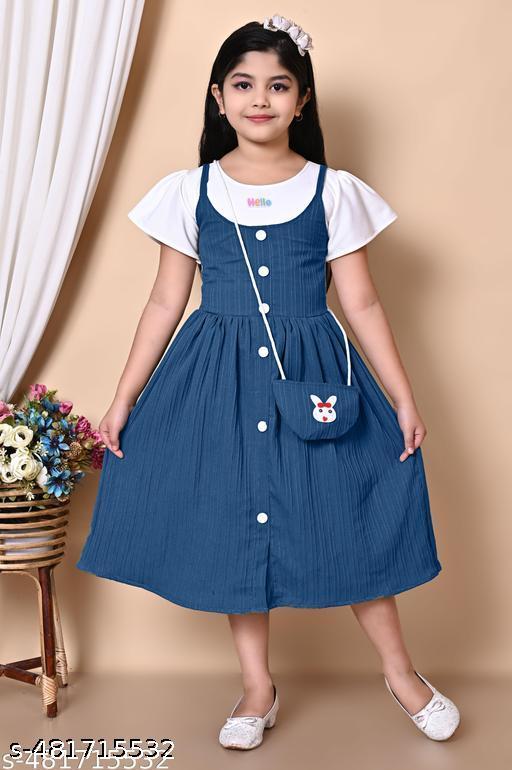 Girls Cute Fashionable Festive Stylish Short Sleeves Frock & Dress With Bag - MC-FASHIONS.COM