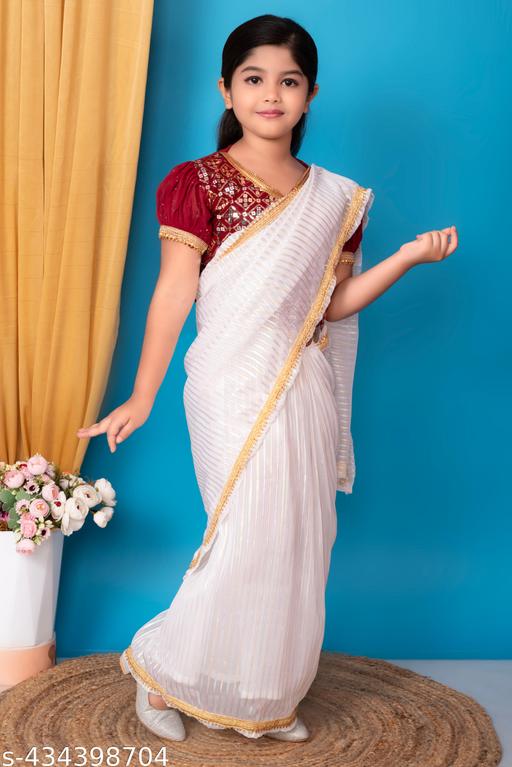 Charming Georgette Purple, Maroon, and Teal Zip-on Blouse and White Golden and Silver Zari Work Slip-on Ready to Wear Saree Set For Girls 1-8 Years party casual formal festival Ethinic wear - Adorable Affordable Matching Outfit (Pack of 1) - MC-FASHIONS.COM
