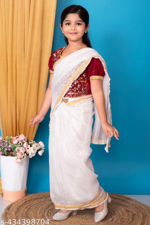 Charming Georgette Purple, Maroon, and Teal Zip-on Blouse and White Golden and Silver Zari Work Slip-on Ready to Wear Saree Set For Girls 1-8 Years party casual formal festival Ethinic wear - Adorable Affordable Matching Outfit (Pack of 1) - MC-FASHIONS.COM