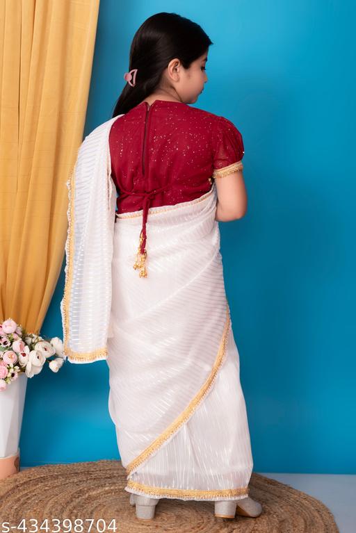 Charming Georgette Purple, Maroon, and Teal Zip-on Blouse and White Golden and Silver Zari Work Slip-on Ready to Wear Saree Set For Girls 1-8 Years party casual formal festival Ethinic wear - Adorable Affordable Matching Outfit (Pack of 1) - MC-FASHIONS.COM
