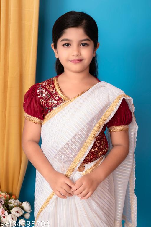 Charming Georgette Purple, Maroon, and Teal Zip-on Blouse and White Golden and Silver Zari Work Slip-on Ready to Wear Saree Set For Girls 1-8 Years party casual formal festival Ethinic wear - Adorable Affordable Matching Outfit (Pack of 1) - MC-FASHIONS.COM