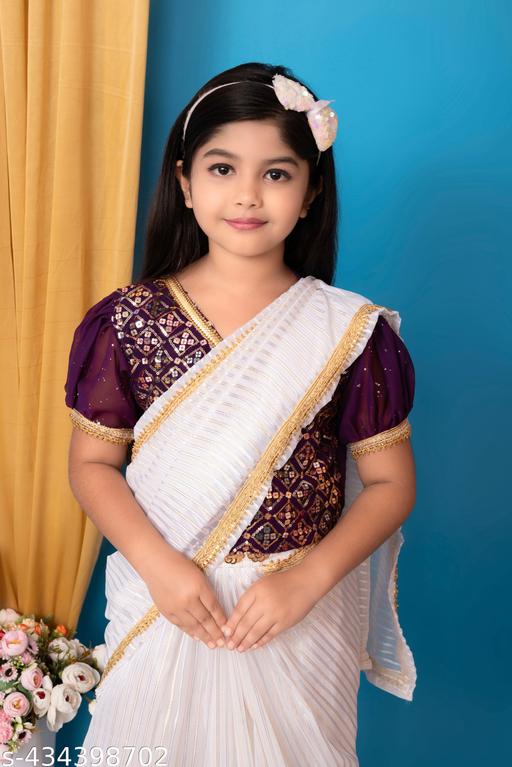 Charming Georgette Purple, Maroon, and Teal Zip-on Blouse and White Golden and Silver Zari Work Slip-on Ready to Wear Saree Set For Girls 1-8 Years party casual formal festival Ethinic wear - Adorable Affordable Matching Outfit (Pack of 1) - MC-FASHIONS.COM