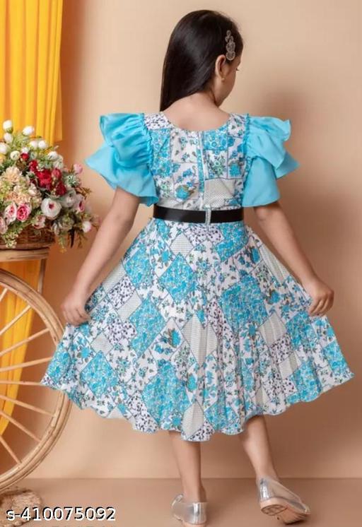 Girls frock, frock for girls, dress for baby girls, dress for girls | light blue and white floral patchwork, A-line silhouette, ruffled bodice, patchwork skirt, ruffles, A-line, one-piece, A-line dress, ruffles, belted waist, short sleeve, round, belted, curved, midi, unlined, Girls, partywear, cotton, summer, belt - MC-FASHIONS.COM