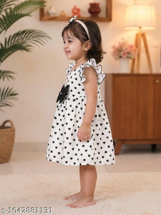 Baby Girls Cotton Printed Frock Dress with Bow | Cute Heart Print Party Wear Dress for Kids | Stylish Casual & Fancy Dress (3 Months–4 Years) - MC-FASHIONS.COM
