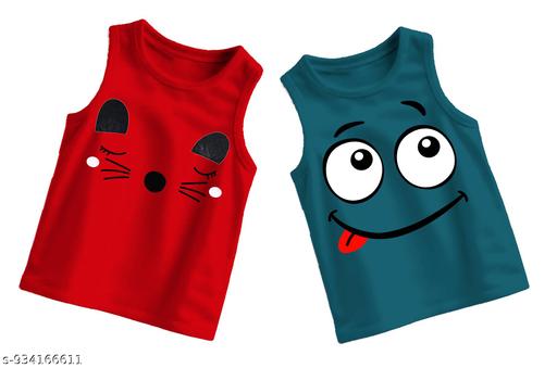 Stylish Kids Sleeveless Cotton T-Shirt | Cute Cat & Smile Print | Soft & Comfortable Summer Wear (Pack of 2) - MC-FASHIONS.COM