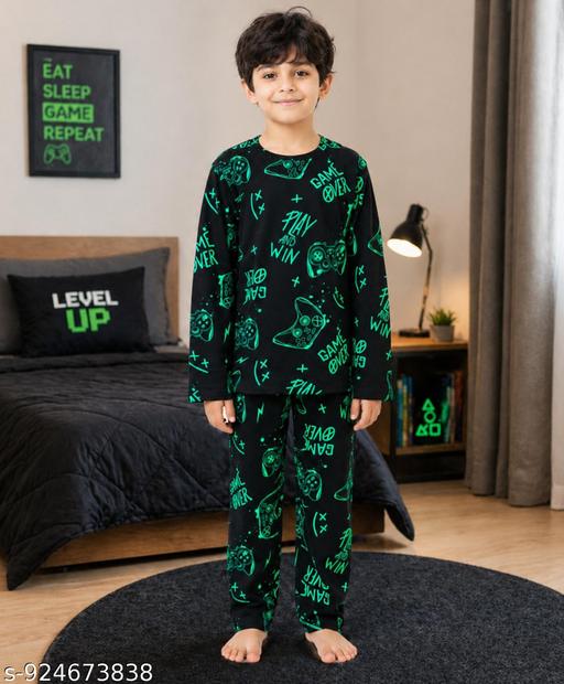 Game Over Boys Long Sleeve Pyjama Set | Black Pure Cotton Kids Night Suit | Full Sleeve T-Shirt with Pyjama Pants | Soft Breathable Fabric | Comfortable Sleepwear Set | Durable Stitching | Casual Home Wear Boys Outfit - MC-FASHIONS.COM