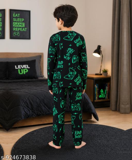 Game Over Boys Long Sleeve Pyjama Set | Black Pure Cotton Kids Night Suit | Full Sleeve T-Shirt with Pyjama Pants | Soft Breathable Fabric | Comfortable Sleepwear Set | Durable Stitching | Casual Home Wear Boys Outfit - MC-FASHIONS.COM