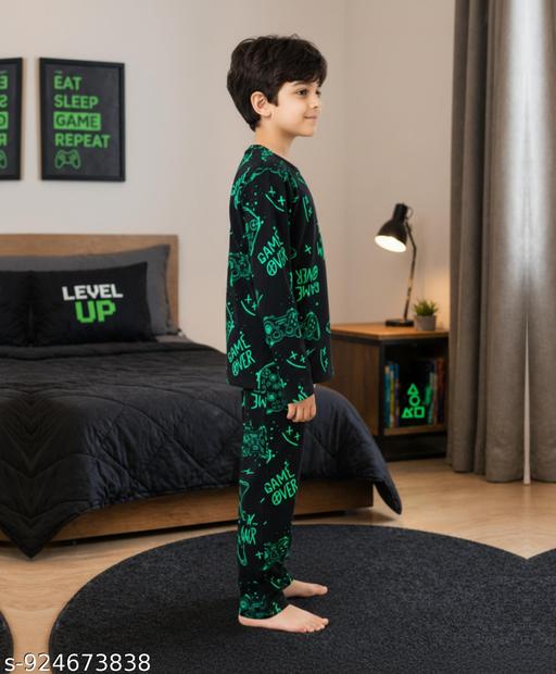 Game Over Boys Long Sleeve Pyjama Set | Black Pure Cotton Kids Night Suit | Full Sleeve T-Shirt with Pyjama Pants | Soft Breathable Fabric | Comfortable Sleepwear Set | Durable Stitching | Casual Home Wear Boys Outfit - MC-FASHIONS.COM