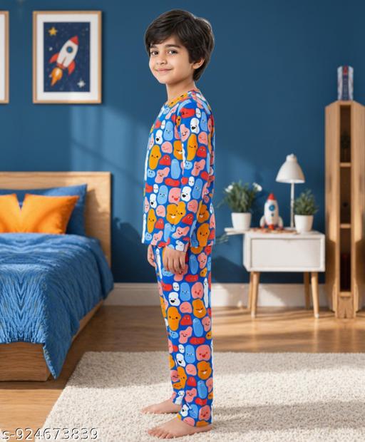 Happy Blobs Long Sleeve Pyjama Set | Blue Pure Cotton Kids Night Suit | Full Sleeve T-Shirt with Pyjama Pants | Soft Breathable Fabric | Comfortable Sleepwear Set | Durable Stitching | Casual Home Wear Boys Outfit - MC-FASHIONS.COM