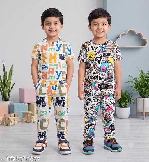 Boys Printed T-Shirt and Pyjama Set (Pack of 2) | Kids Cotton Blend Night Suit & Loungewear Co-Ord Set - MC-FASHIONS.COM