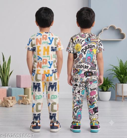 Boys Printed T-Shirt and Pyjama Set (Pack of 2) | Kids Cotton Blend Night Suit & Loungewear Co-Ord Set - MC-FASHIONS.COM