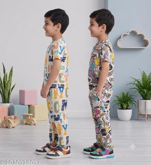 Boys Printed T-Shirt and Pyjama Set (Pack of 2) | Kids Cotton Blend Night Suit & Loungewear Co-Ord Set - MC-FASHIONS.COM